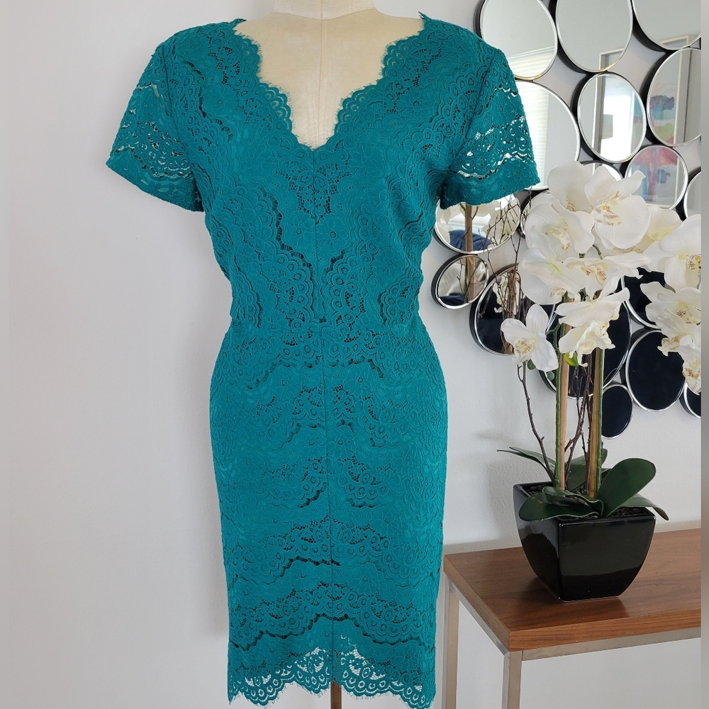 LOFT Sz 6 Teal Lace Overlay Dress